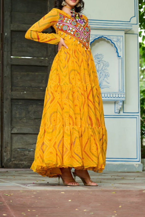 Navratri Special Bandhani Printed Work With With Kutchi Patchwork Gown