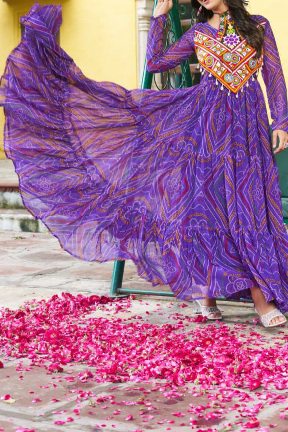 Navratri Special Bandhani Printed Work With With Kutchi Patchwork Gown