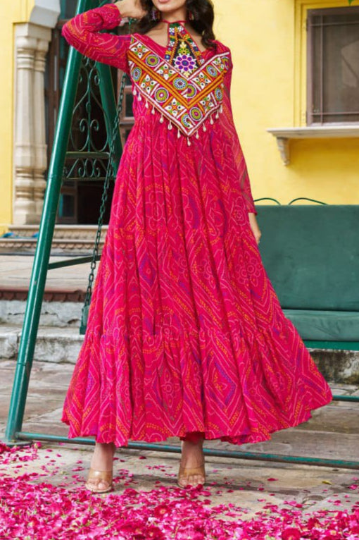 Navratri Special Bandhani Printed Work With With Kutchi Patchwork Gown