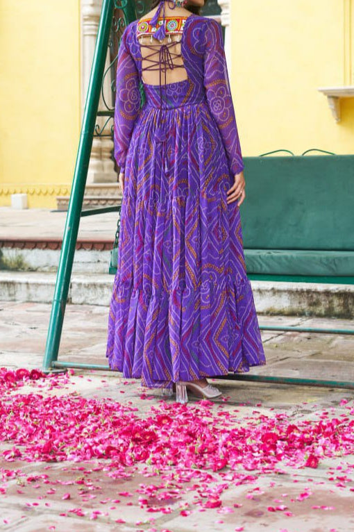 Navratri Special Bandhani Printed Work With With Kutchi Patchwork Gown