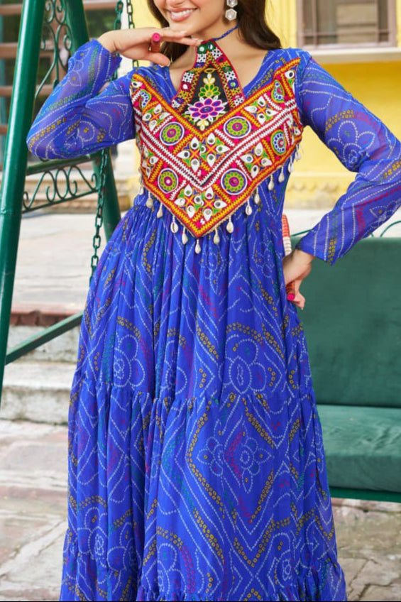 Navratri Special Bandhani Printed Work With With Kutchi Patchwork Gown