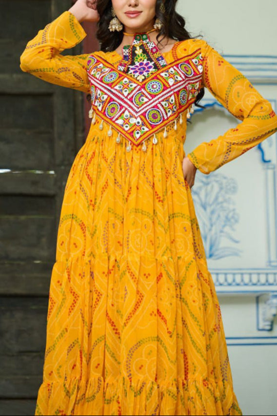 Navratri Special Bandhani Printed Work With With Kutchi Patchwork Gown
