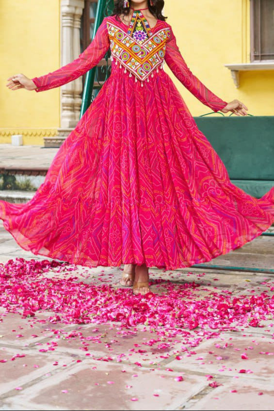 Navratri Special Bandhani Printed Work With With Kutchi Patchwork Gown
