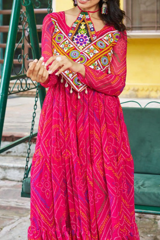 Navratri Special Bandhani Printed Work With With Kutchi Patchwork Gown