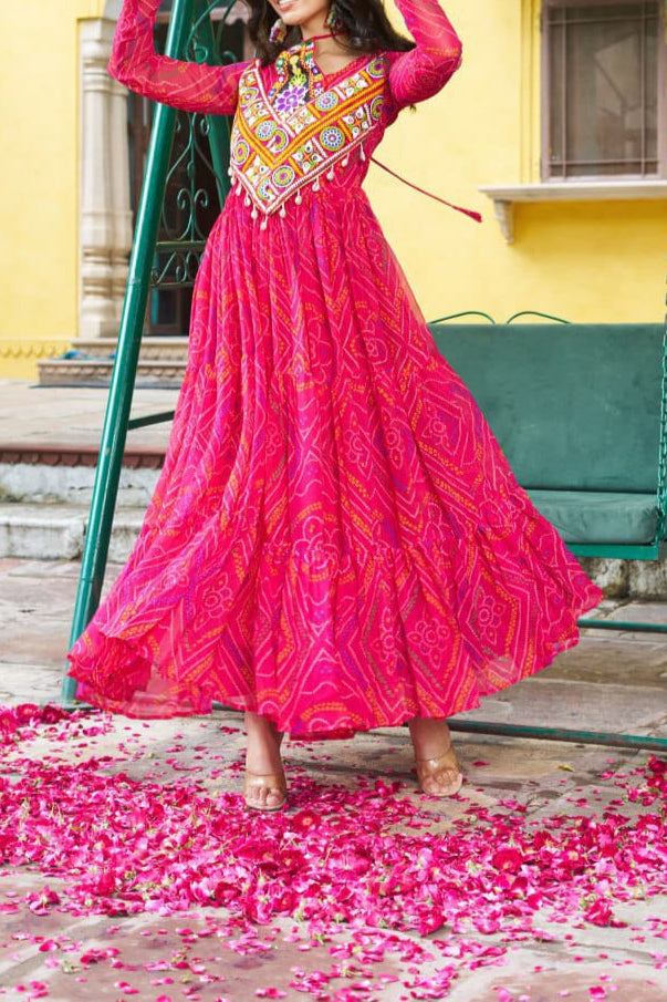 Navratri Special Bandhani Printed Work With With Kutchi Patchwork Gown