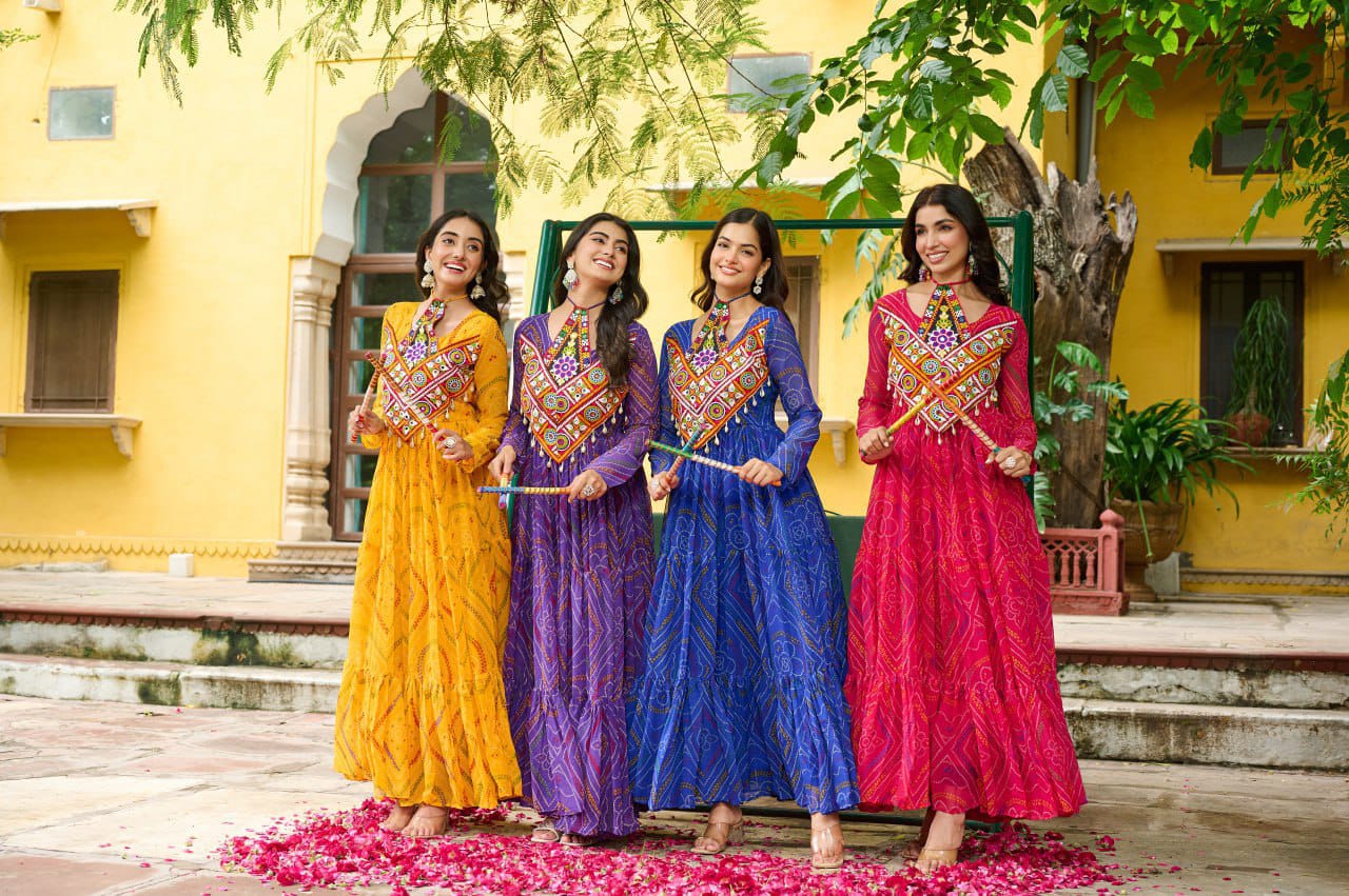 Navratri Special Bandhani Printed Work With With Kutchi Patchwork Gown