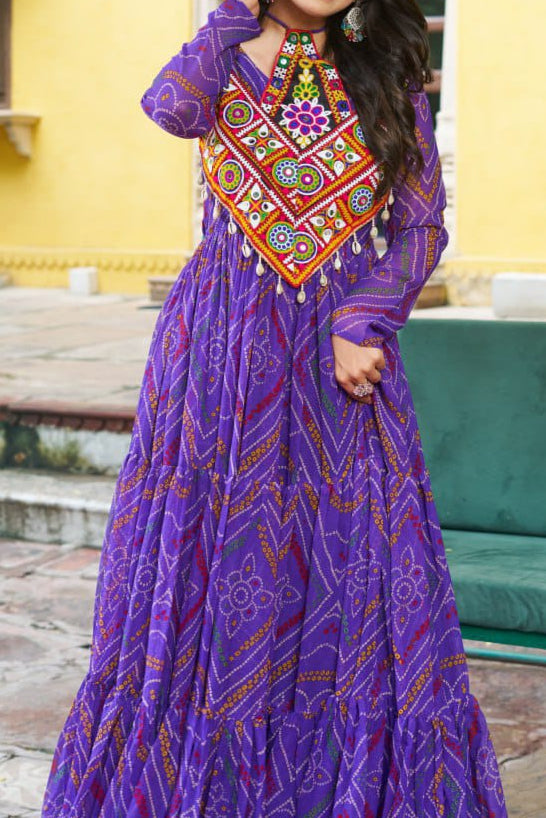 Navratri Special Bandhani Printed Work With With Kutchi Patchwork Gown