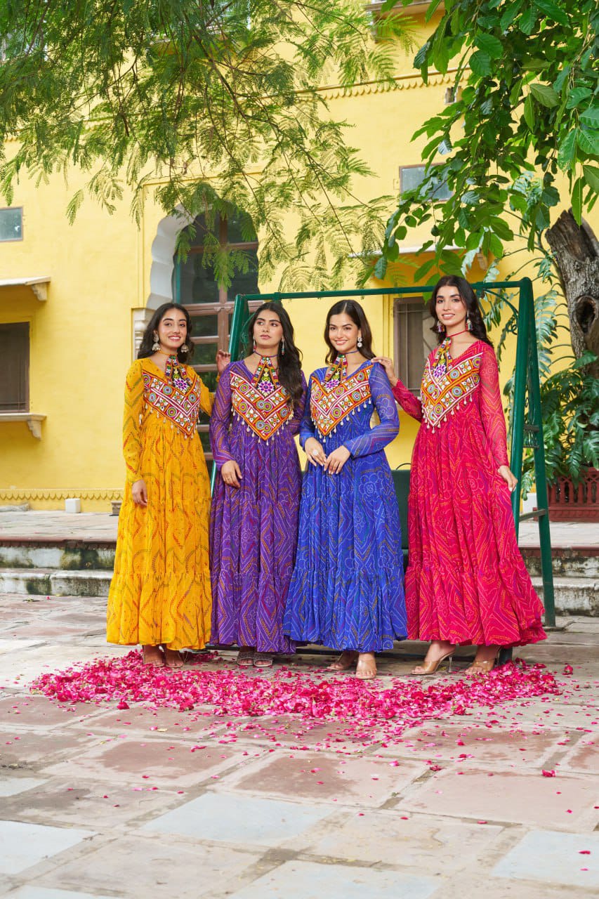 Navratri Special Bandhani Printed Work With With Kutchi Patchwork Gown
