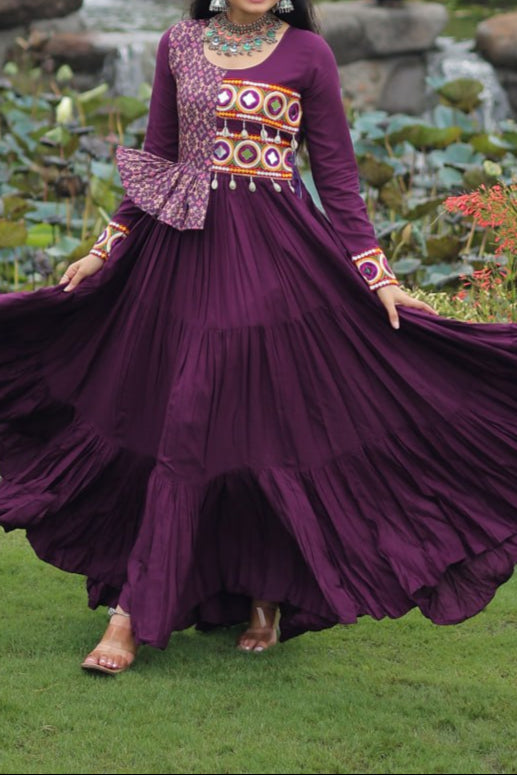 Kutchi Gamthi Embroidered Work & Cotton Print Work Gown With 12 meter Heavy Flair