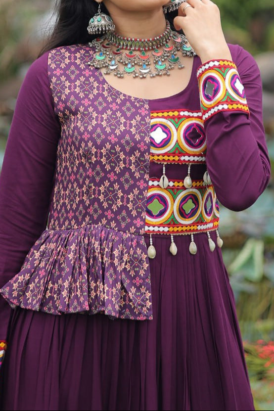 Kutchi Gamthi Embroidered Work & Cotton Print Work Gown With 12 meter Heavy Flair