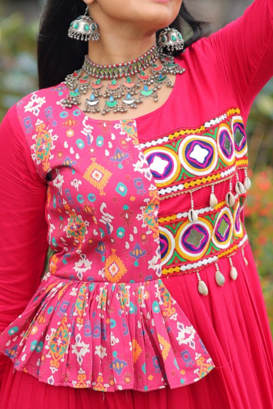 Kutchi Gamthi Embroidered Work & Cotton Print Work Gown With 12 meter Heavy Flair