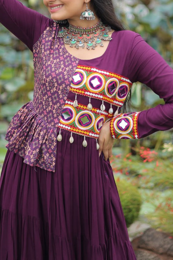 Kutchi Gamthi Embroidered Work & Cotton Print Work Gown With 12 meter Heavy Flair