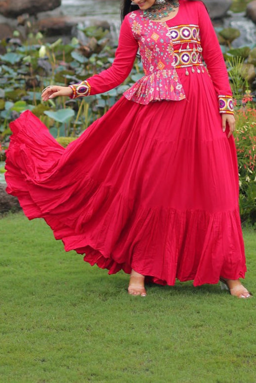 Kutchi Gamthi Embroidered Work & Cotton Print Work Gown With 12 meter Heavy Flair