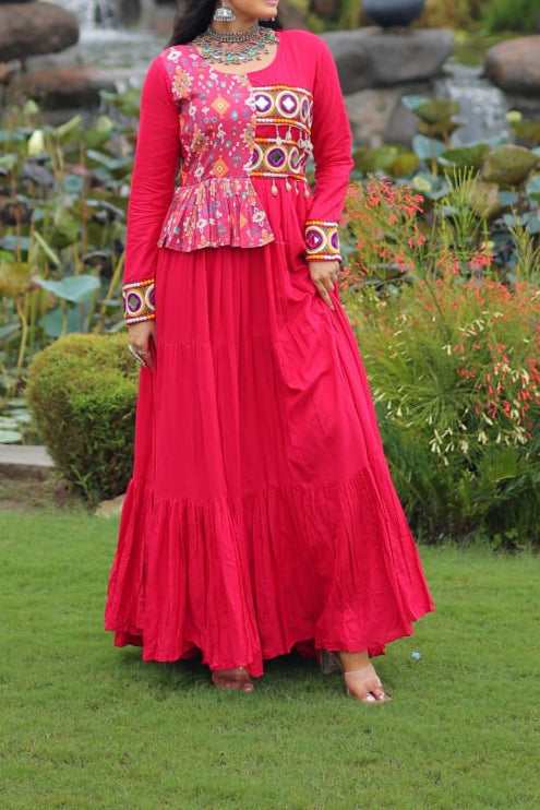 Kutchi Gamthi Embroidered Work & Cotton Print Work Gown With 12 meter Heavy Flair