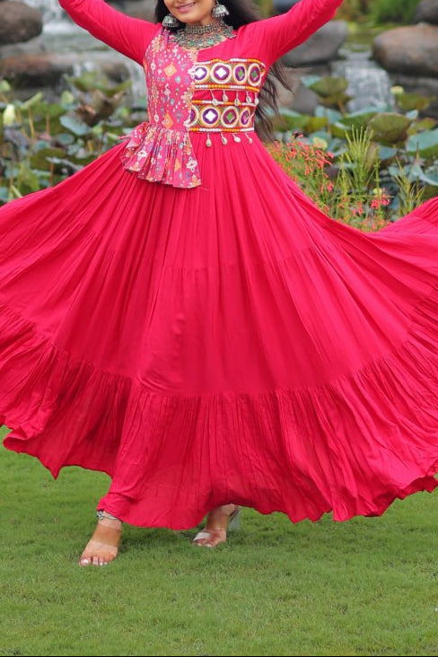 Kutchi Gamthi Embroidered Work & Cotton Print Work Gown With 12 meter Heavy Flair