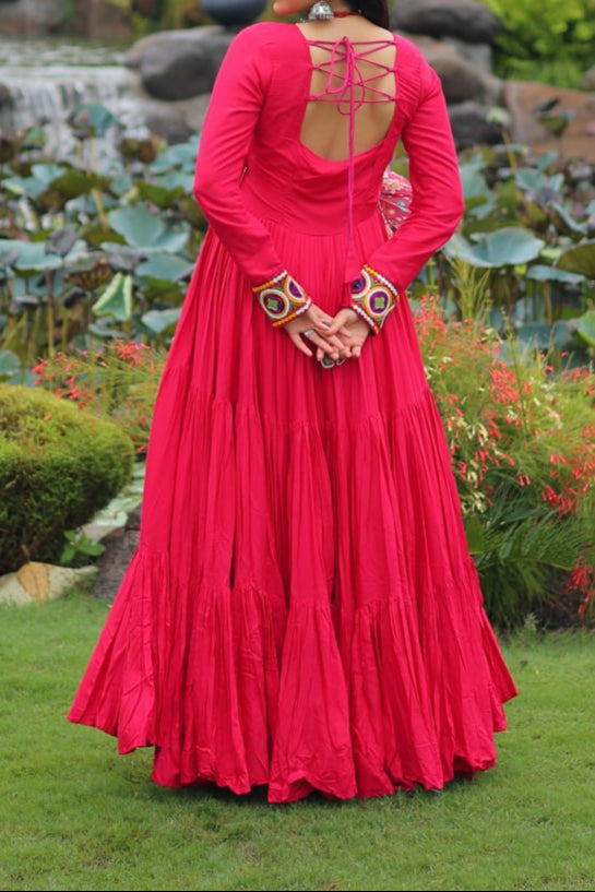 Kutchi Gamthi Embroidered Work & Cotton Print Work Gown With 12 meter Heavy Flair