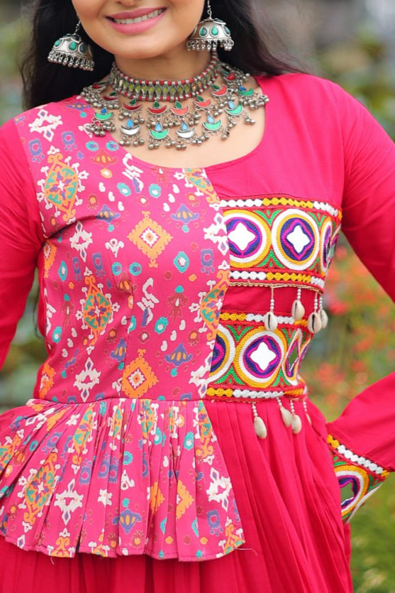Kutchi Gamthi Embroidered Work & Cotton Print Work Gown With 12 meter Heavy Flair