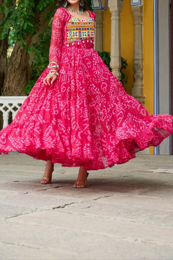 Navratri Special 12 meter heavy flair Gown With Bandhani Printed Work With Kutchi Patchwork