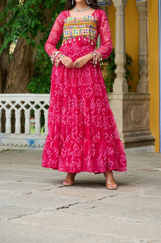 Navratri Special 12 meter heavy flair Gown With Bandhani Printed Work With Kutchi Patchwork