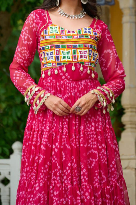 Navratri Special 12 meter heavy flair Gown With Bandhani Printed Work With Kutchi Patchwork