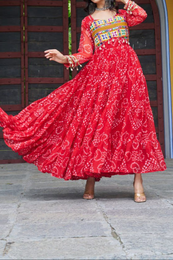 Navratri Special 12 meter heavy flair Gown With Bandhani Printed Work With Kutchi Patchwork