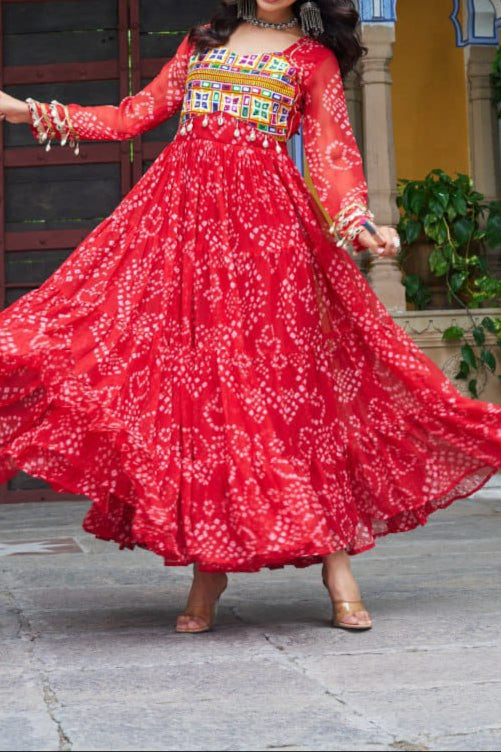 Navratri Special 12 meter heavy flair Gown With Bandhani Printed Work With Kutchi Patchwork