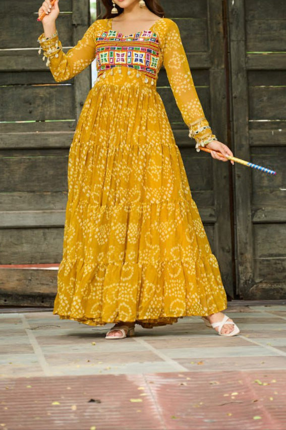 Navratri Special 12 meter heavy flair Gown With Bandhani Printed Work With Kutchi Patchwork