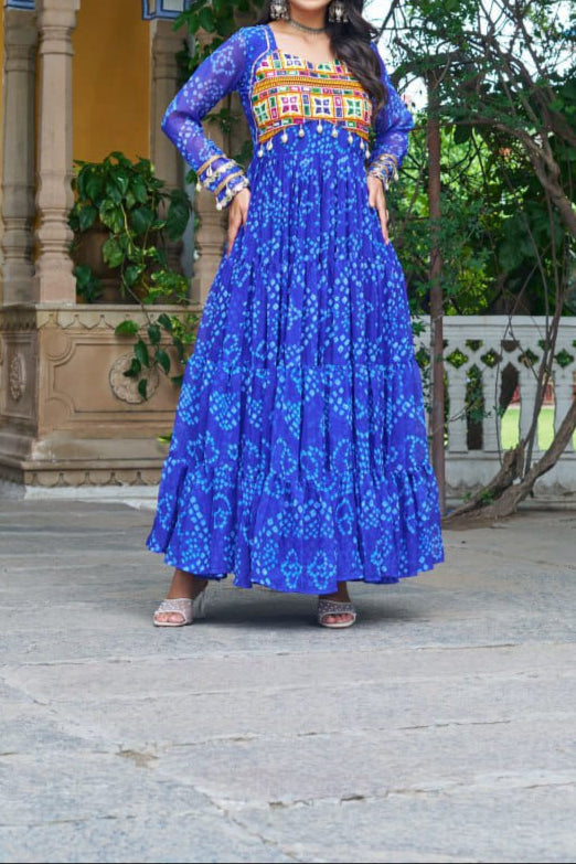 Navratri Special 12 meter heavy flair Gown With Bandhani Printed Work With Kutchi Patchwork