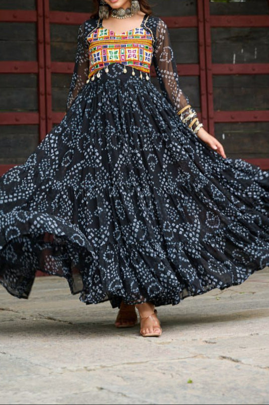 Navratri Special 12 meter heavy flair Gown With Bandhani Printed Work With Kutchi Patchwork