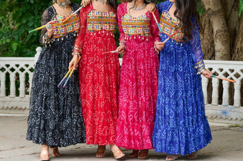 Navratri Special 12 meter heavy flair Gown With Bandhani Printed Work With Kutchi Patchwork