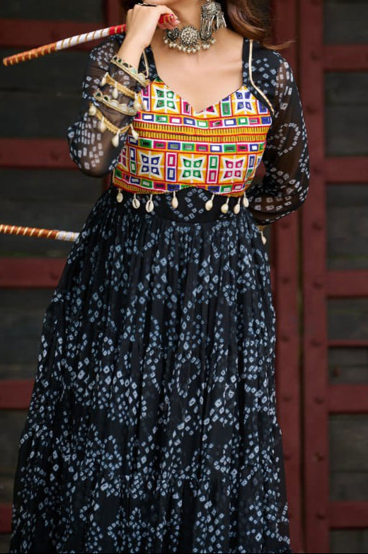 Navratri Special 12 meter heavy flair Gown With Bandhani Printed Work With Kutchi Patchwork