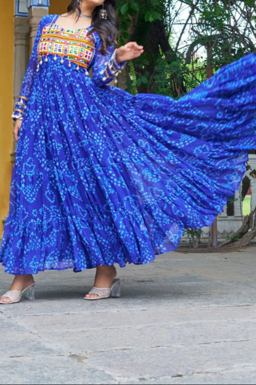 Navratri Special 12 meter heavy flair Gown With Bandhani Printed Work With Kutchi Patchwork