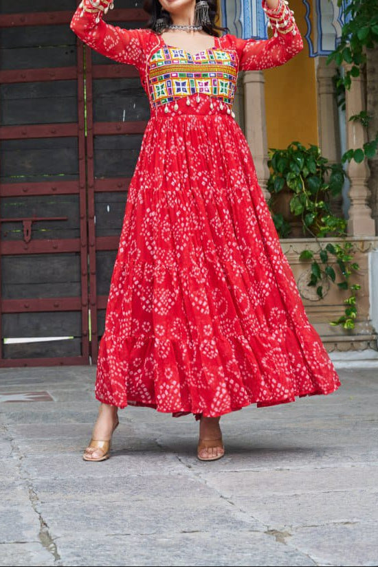 Navratri Special 12 meter heavy flair Gown With Bandhani Printed Work With Kutchi Patchwork