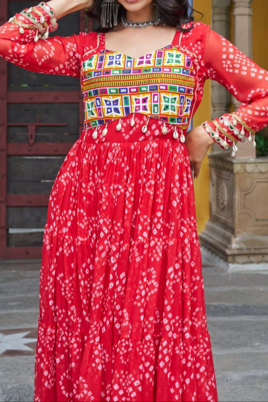 Navratri Special 12 meter heavy flair Gown With Bandhani Printed Work With Kutchi Patchwork