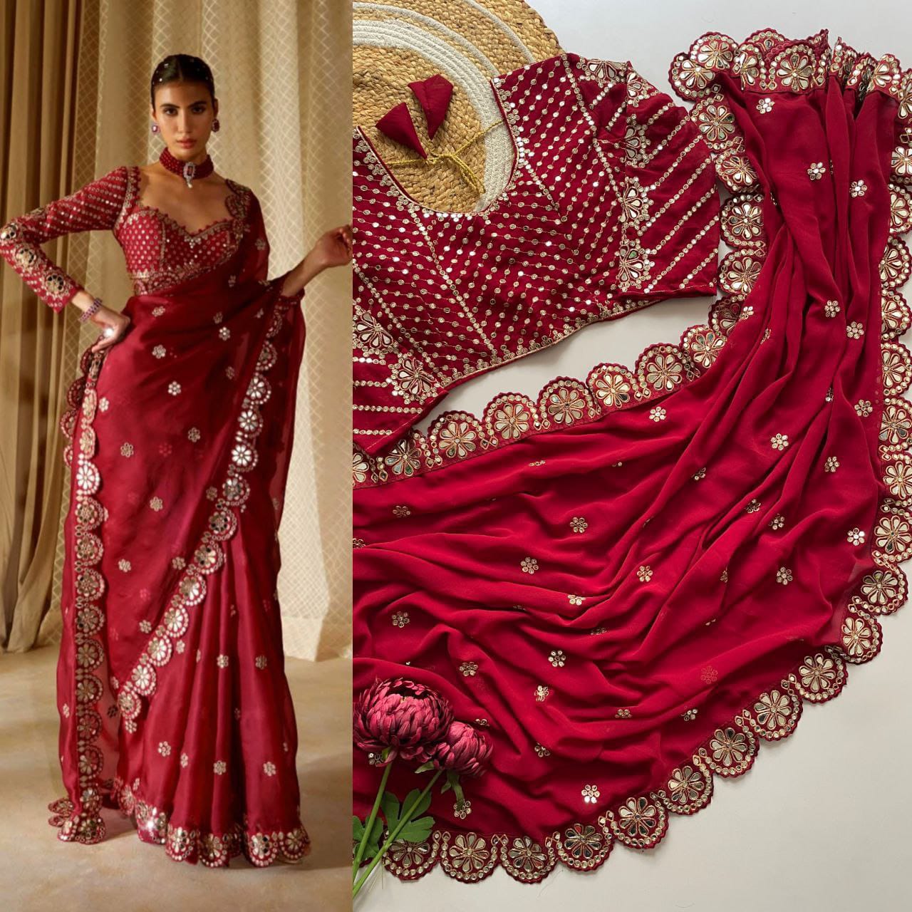 Bollywood Viral Orignal Mirror Work Saree & Blouse