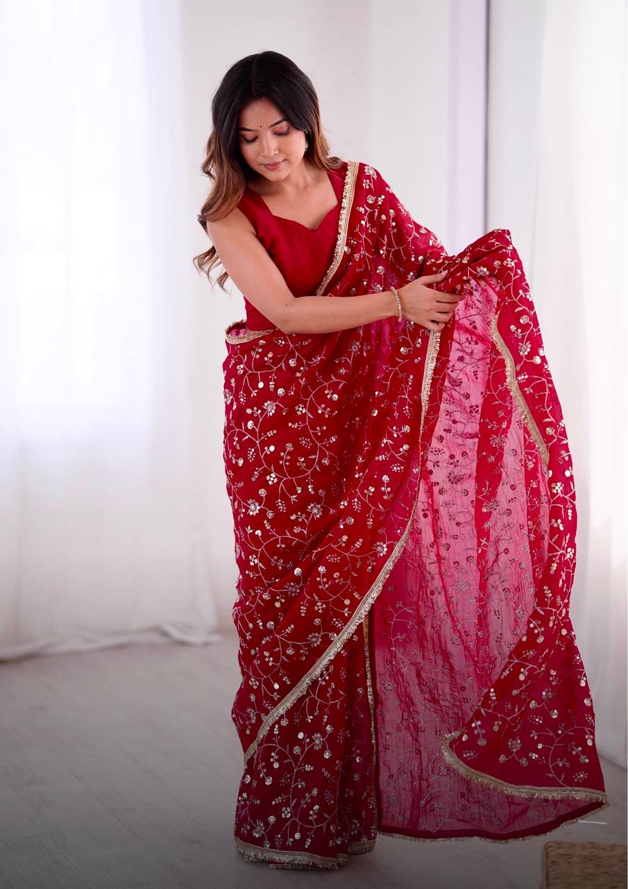 Wedding Special Embroidery Sequence Work Saree