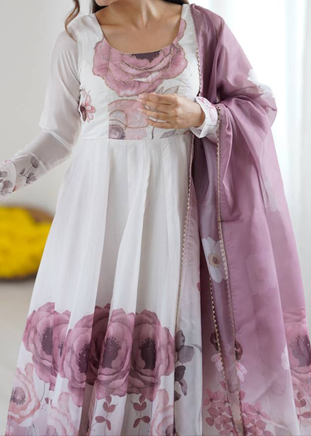 pink floral printed organza anarkali suit set for the upcoming festivities and wedding