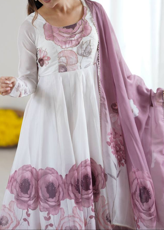 pink floral printed organza anarkali suit set for the upcoming festivities and wedding