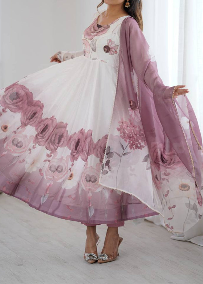 pink floral printed organza anarkali suit set for the upcoming festivities and wedding