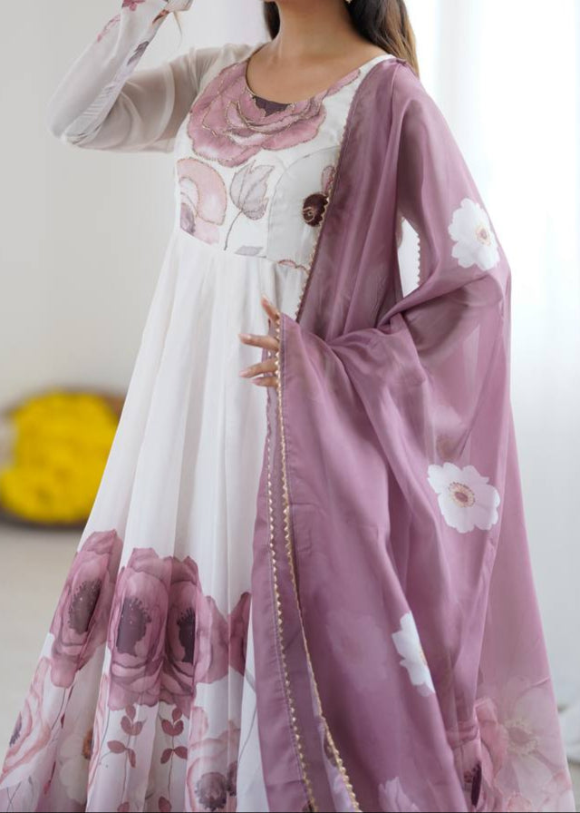 pink floral printed organza anarkali suit set for the upcoming festivities and wedding