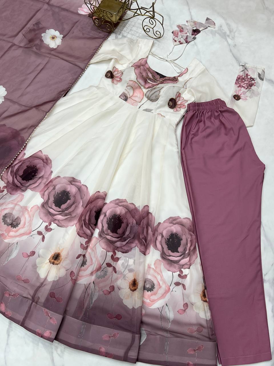 pink floral printed organza anarkali suit set for the upcoming festivities and wedding