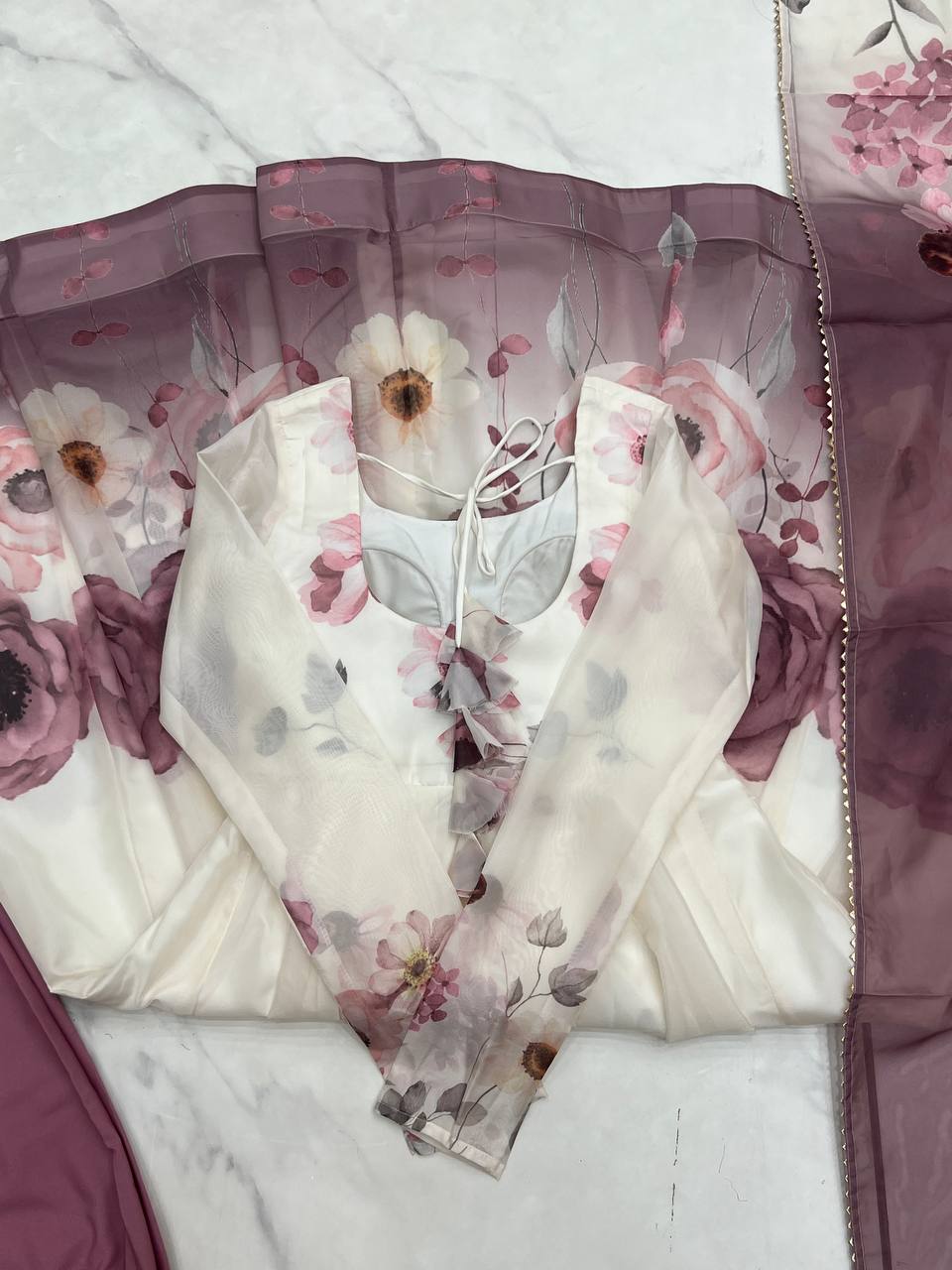 pink floral printed organza anarkali suit set for the upcoming festivities and wedding