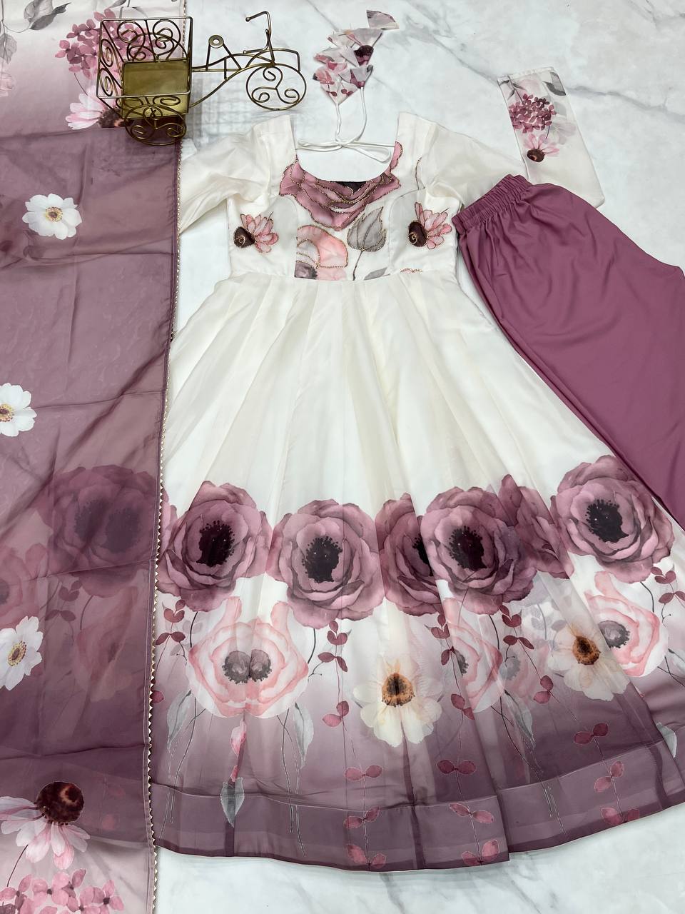 pink floral printed organza anarkali suit set for the upcoming festivities and wedding