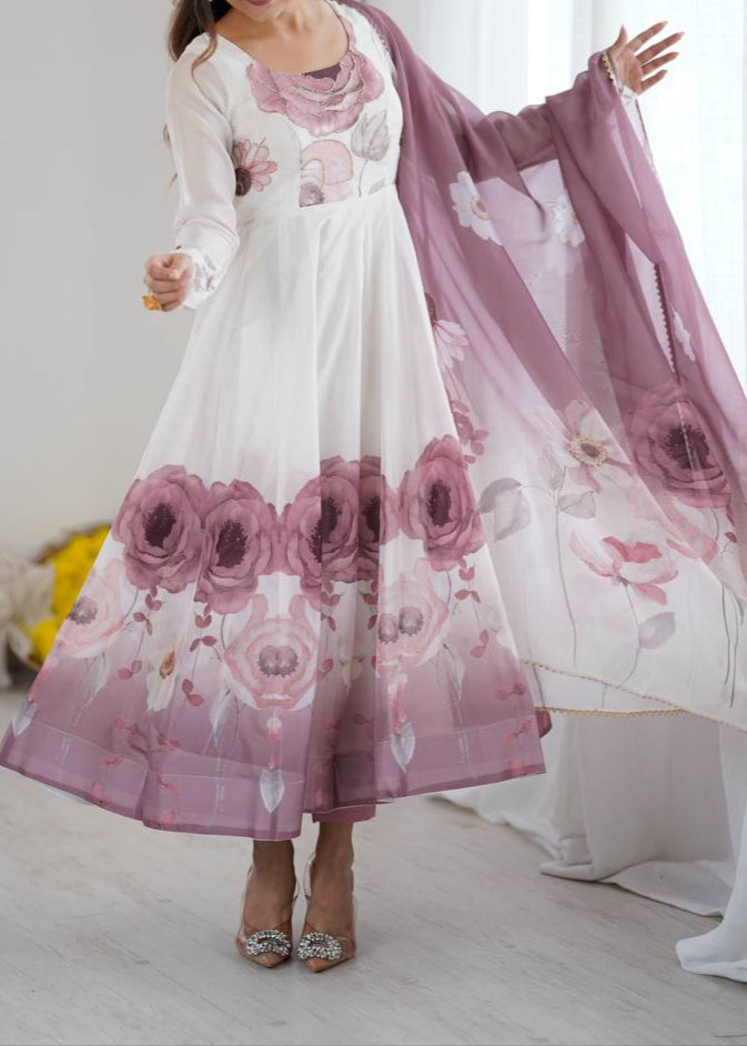 pink floral printed organza anarkali suit set for the upcoming festivities and wedding