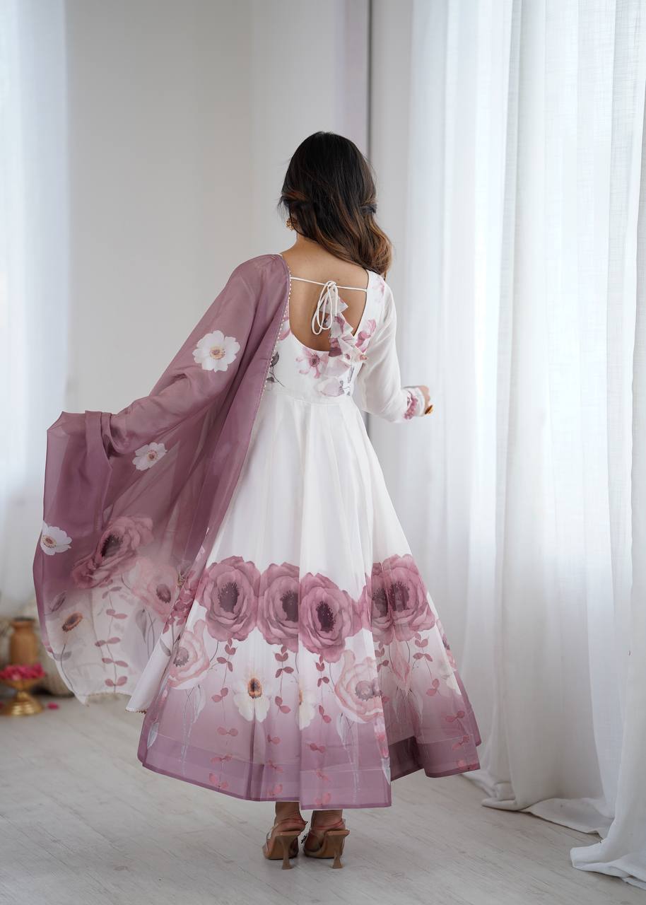pink floral printed organza anarkali suit set for the upcoming festivities and wedding