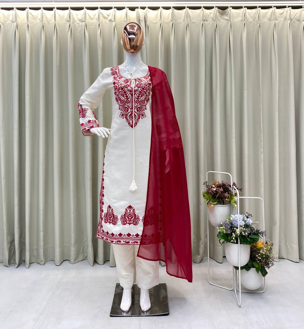 Embroidered Roman Silk Fabric Designer Suit Set