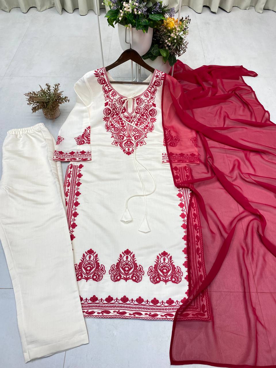 Embroidered Roman Silk Fabric Designer Suit Set