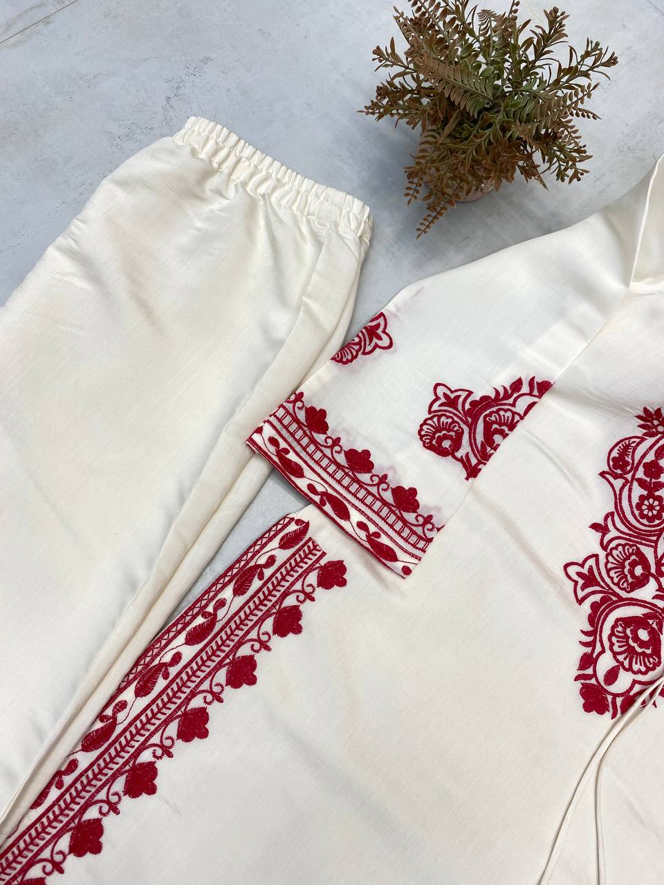 Embroidered Roman Silk Fabric Designer Suit Set