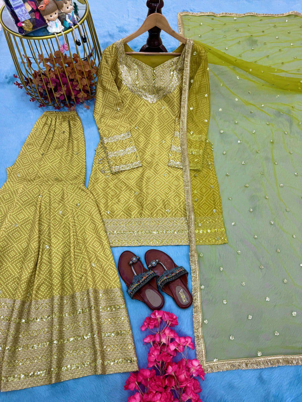 Printed Chinon Silk Top-Blouse & Palazzo With Dupatta set