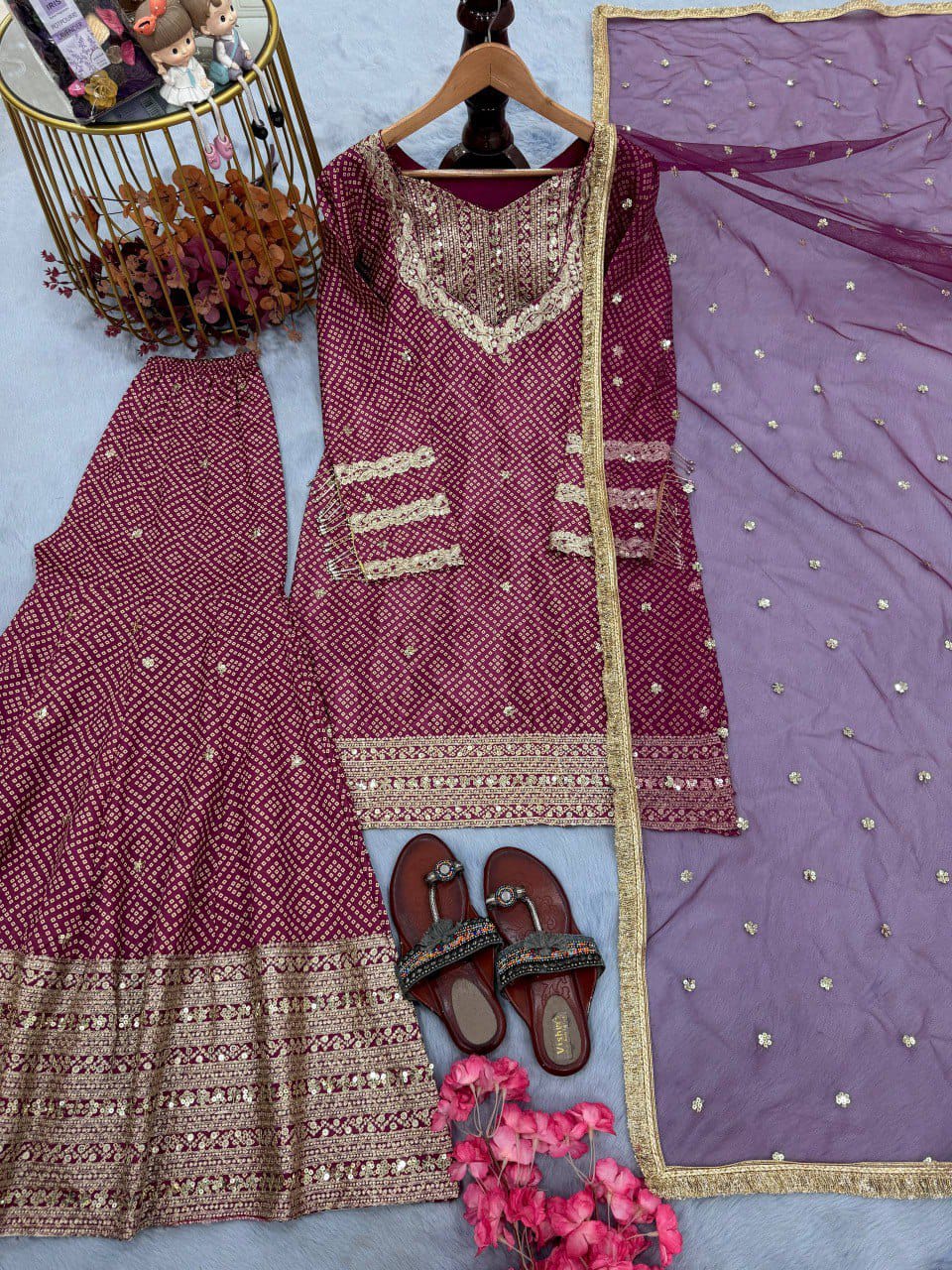 Printed Chinon Silk Top-Blouse & Palazzo With Dupatta set